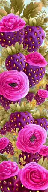 Free strawberry bookmark featuring purple strawberries with hot pink flowers